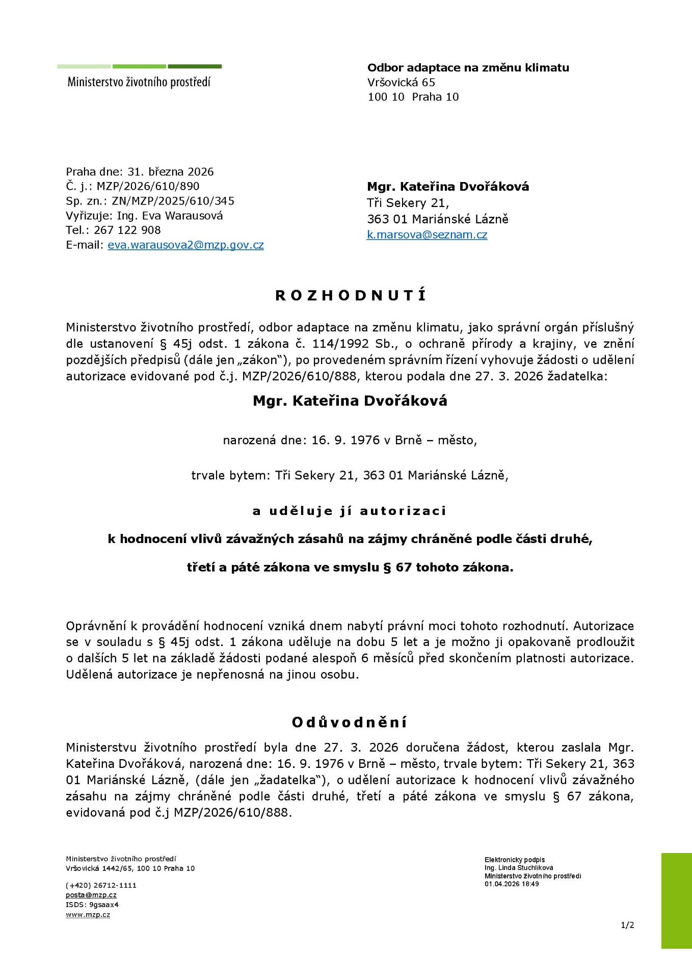 Rozhodnutí o udělení autorizace - rozbalí se po kliknutí